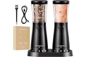 WONMAKE Electric Salt and Pepper Grinder Set Rechargeable, Electric Pepper Grinder with Adjustable Coarseness, 4.5oz Large Capacity, 1.8" Wide-Mouth & Storage Base, One-Hand Operation Kitchen Gadgets