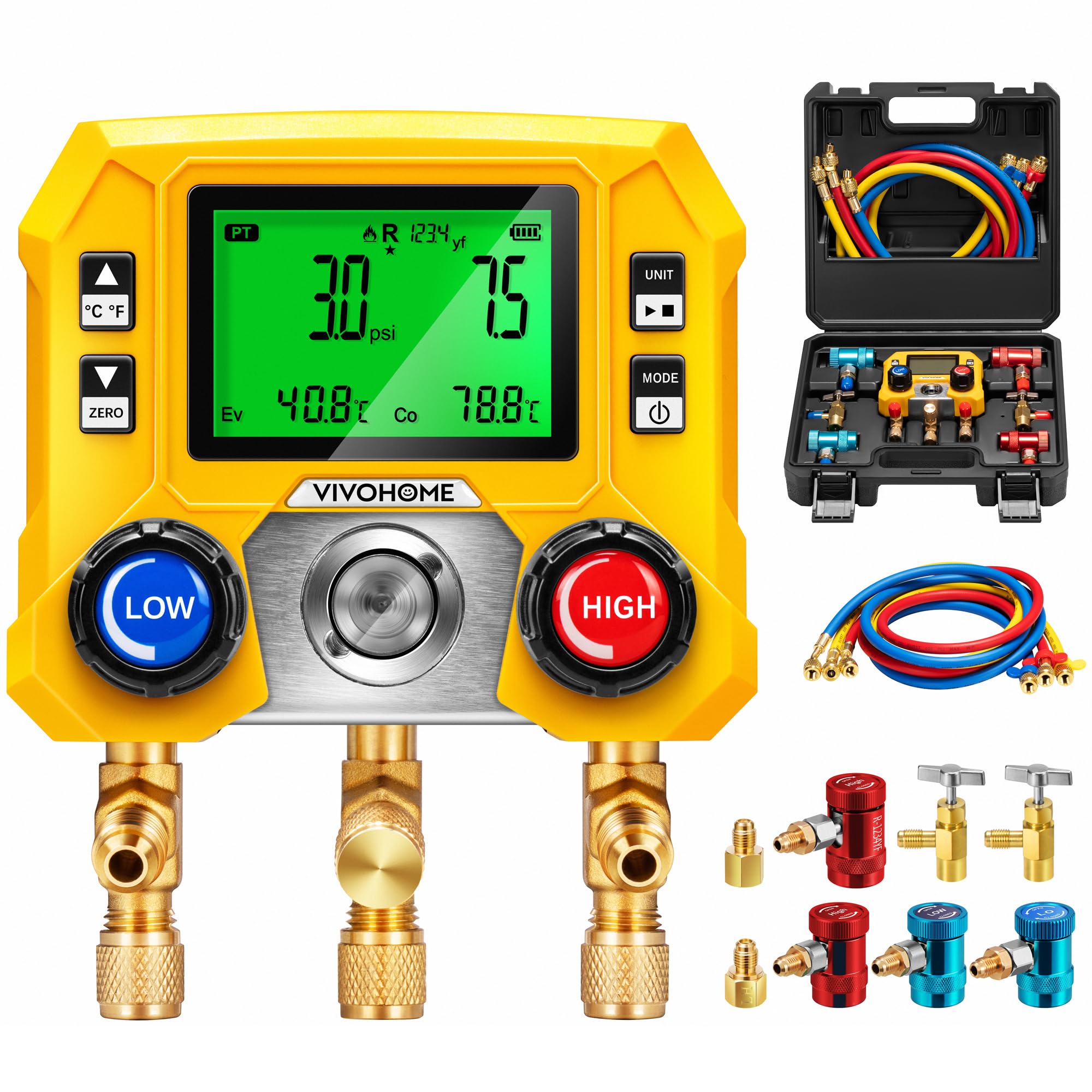 Photo 1 of VIVOHOME Digital HVAC Manifold Gauge Set with R134a R1234yf Quick Couplers and Can Taps, Refrigeration Car AC Gauges with 3 Hoses for R134a R410a R32 R1234yf R454B Refrigerant Recharge Kit