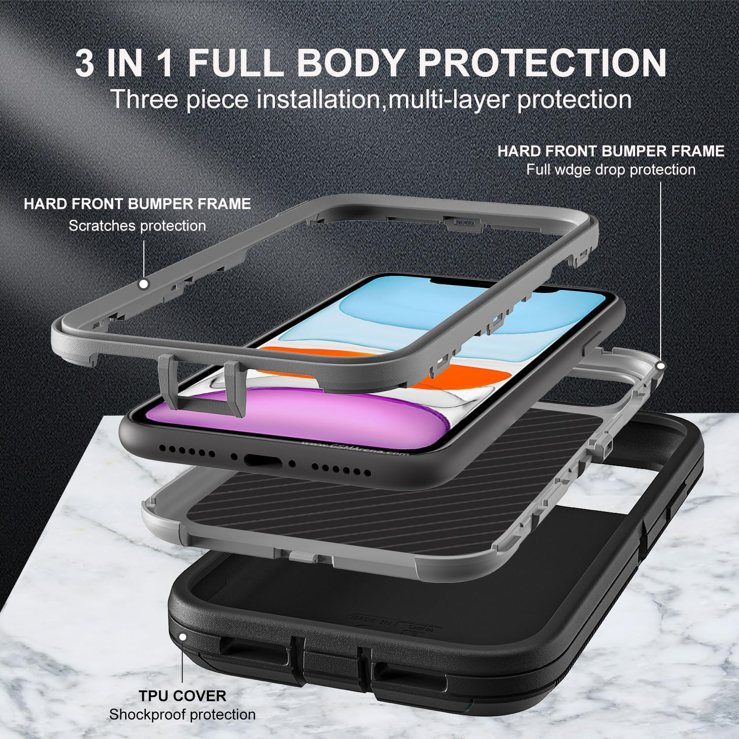 for iPhone 11 Case, Military Grade 3 in 1 Heavy Duty Shockproof/Drop Proof/Dust Proof Case with 2Pcs Tempered Glass Screen Protector (Black/Grey)