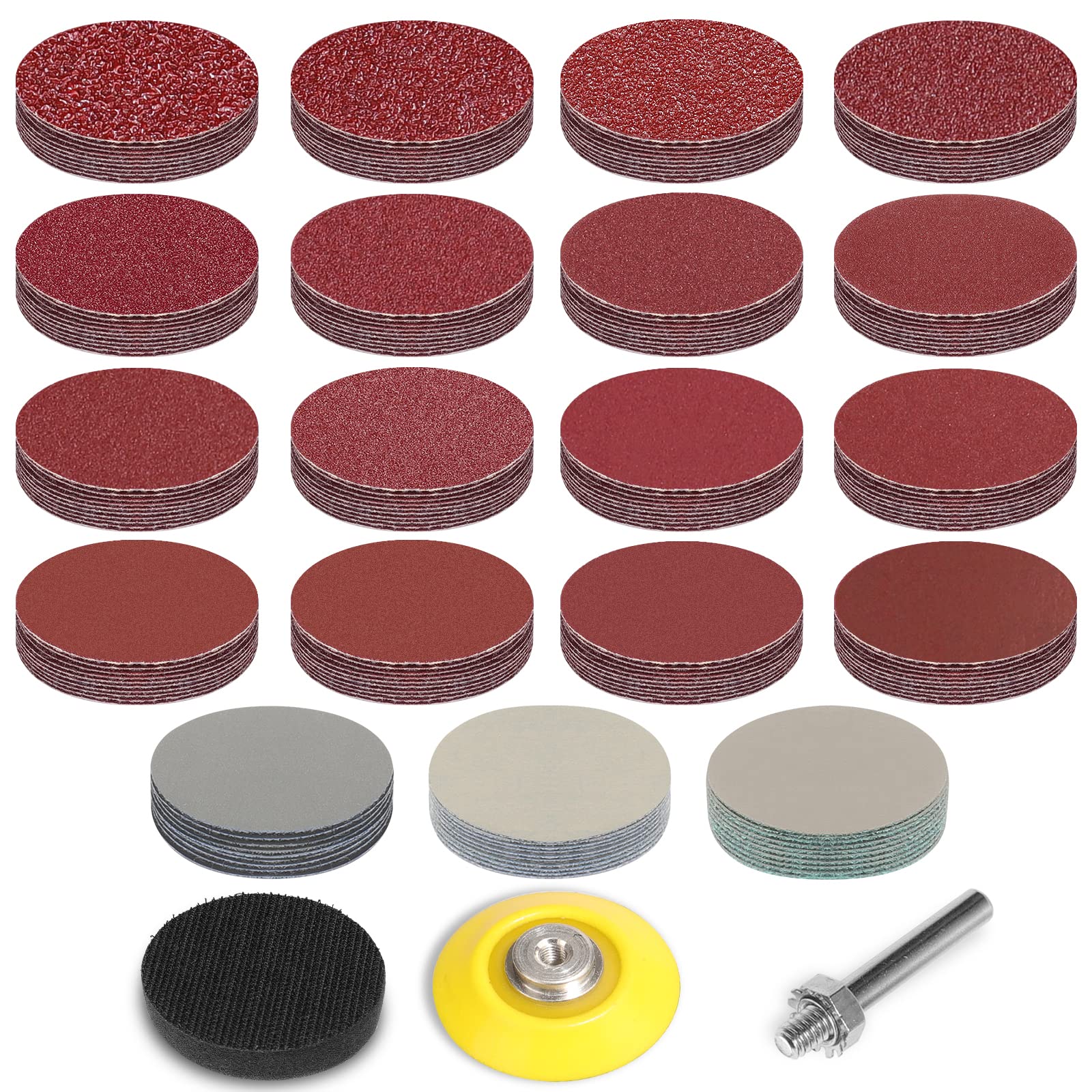 STEBRUAM 50mm Sanding Discs 2 Inch, 190Pcs with 1 Pc 1/4” Shank and Buffering Backing Pad 40/60/80/100/120/150/180/240/320/400/600/800/1000/1200/1500/2000/3000/5000/7000 Grits Sanding Pads for Drill
