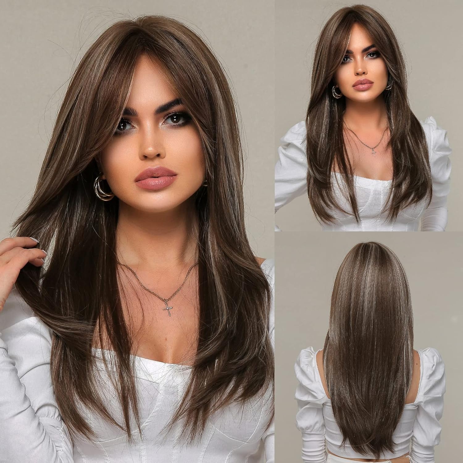 EMMOR Brown Wigs for Women,Long Layered Wigs with Curtain Bangs Heat Resistant Synthetic Fibre Wigs(Brown with Grey Highlight)