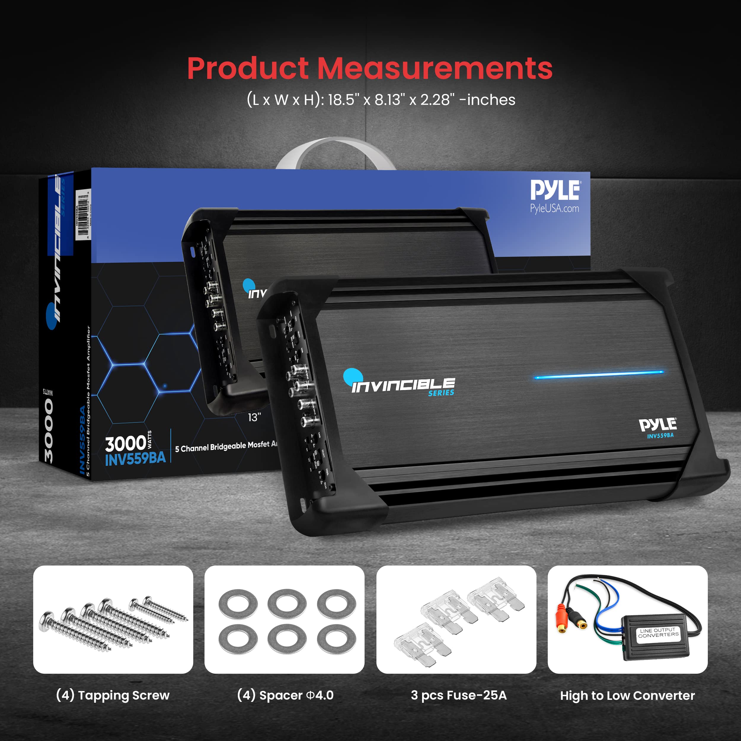 Pyle 18” Class AB Mosfet Amplifier - Invincible Series Bridgeable Amp, 5 Channel 3000 Watts Max, Mosfet PWM Power Supply, High-Current Dual Discrete Drive Stages, Wireless BT Audio Interface
