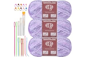 LUNARM 3 * 100g Chenille Yarn, Yarn for Crocheting Knitting with Big Eye Needles, Handcrafts Weaving Soft Chenille Yarn for Making Blankets, Clothes, Pattern Knitting Creations (Purple Gradient)