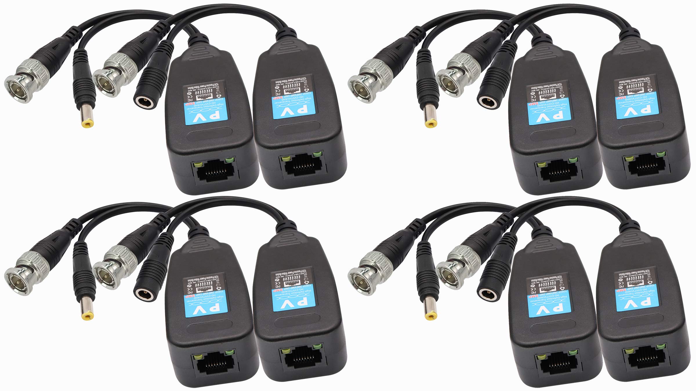 AAOTOKK Video Balun RJ45 to BNC Transceiver Transmitter HD-CVI/TVI/AHD/CVBS with Power Connector for 1080P 3MP 4MP 5MP 8MP CCTV Security DVR Surveillance Camera System (4Pairs)