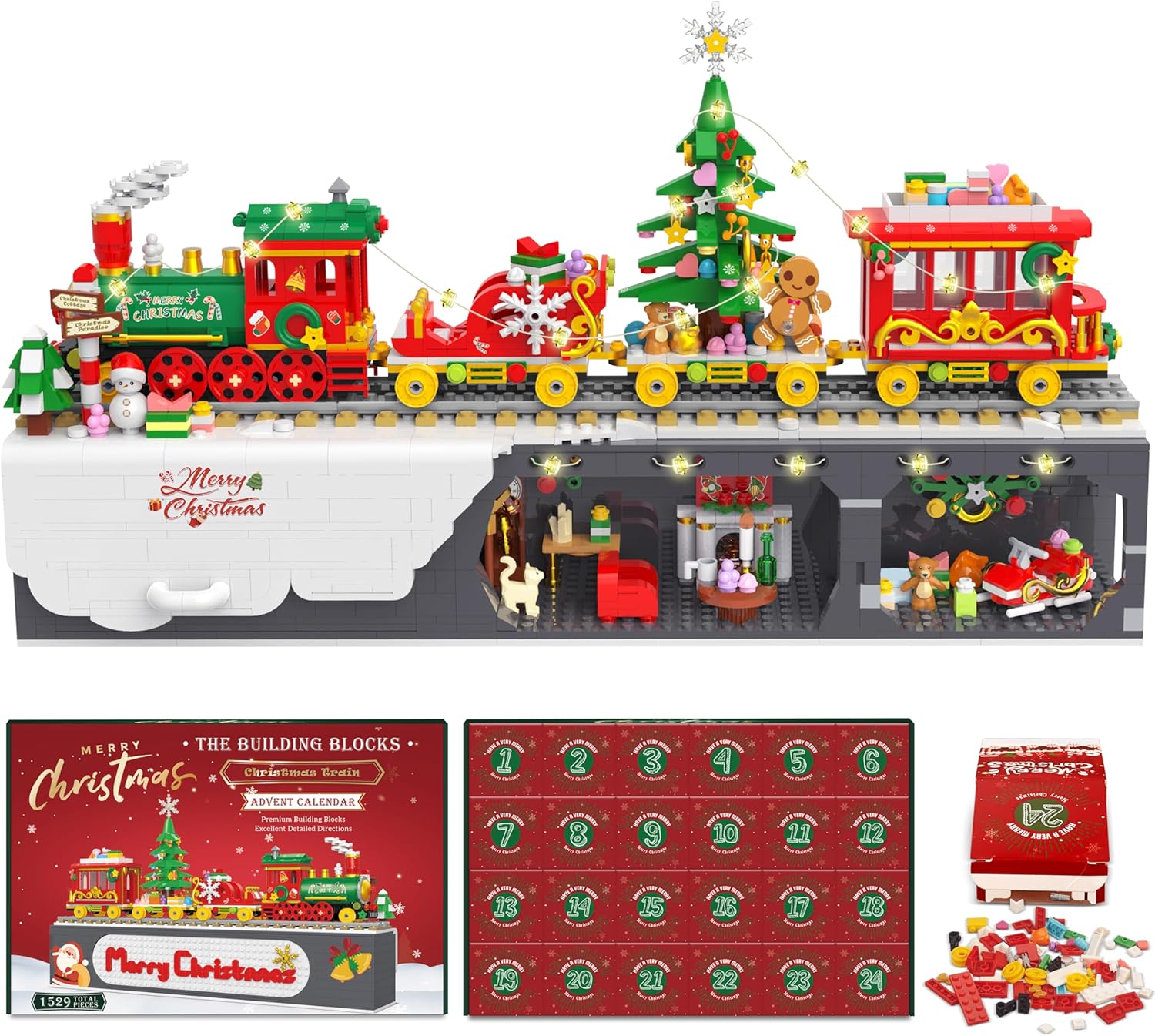 Advent Calendars - Advent Calendar 2023 Christmas Train Building Blocks Set, 24 Boxes-1529 Pieces Christmas Train with Lights Display Building Kits for Adults and Kids Countdown to Christmas Thanksgiving Gifts