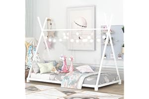 BELLEMAVE Montessori Floor Bed Frame Twin Size, Twin Floor Bed with Triangle Structure and Slats, Twin Size House Floor Bed/Montessori Bed for Kids, Girls, Boys, White Floor Bed Twin Size