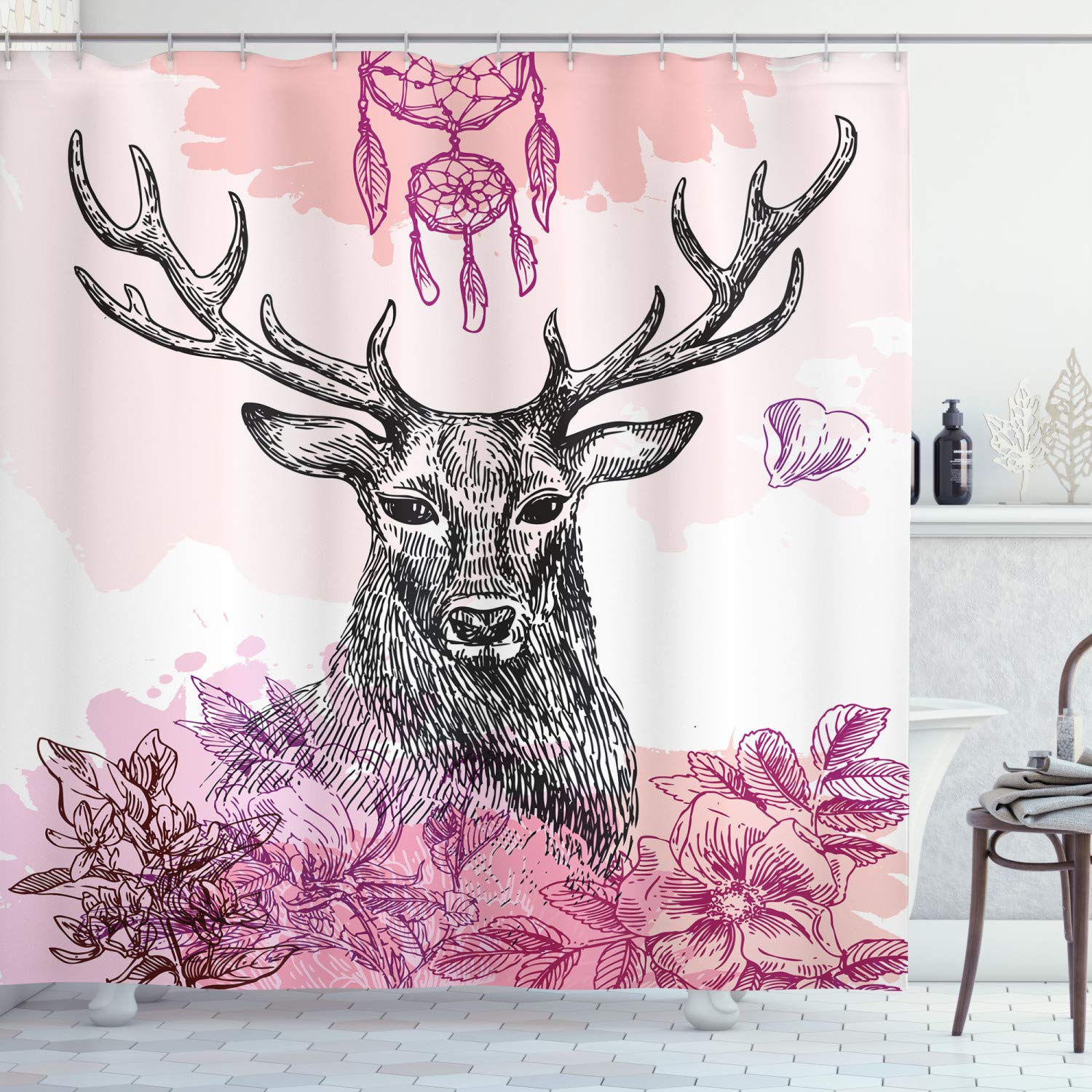 ABAKUHAUS Deer Shower Curtain, Sketch of Deer with Flowers Leaves and Dream Catcher Tribal Art Boho Style Print, Cloth Fabric Bathroom Decor Set with Hooks, 78 Inches, Black Fuchsia — image 1