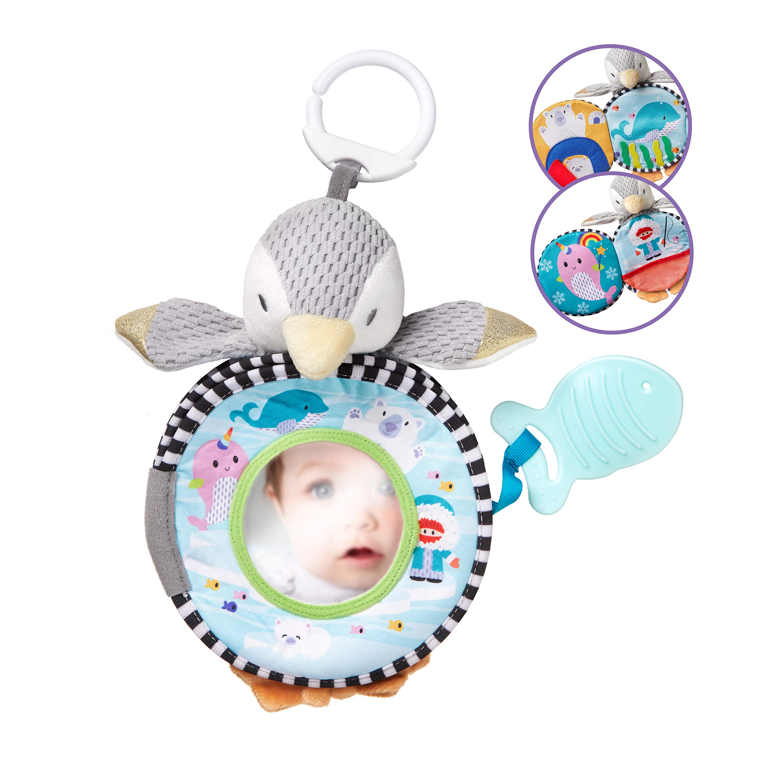 Nuby Soft Plush Pram Toy – Interactive Sensory Story Book with Baby-Safe Mirror | Teether | Suitable from Birth (Grey)