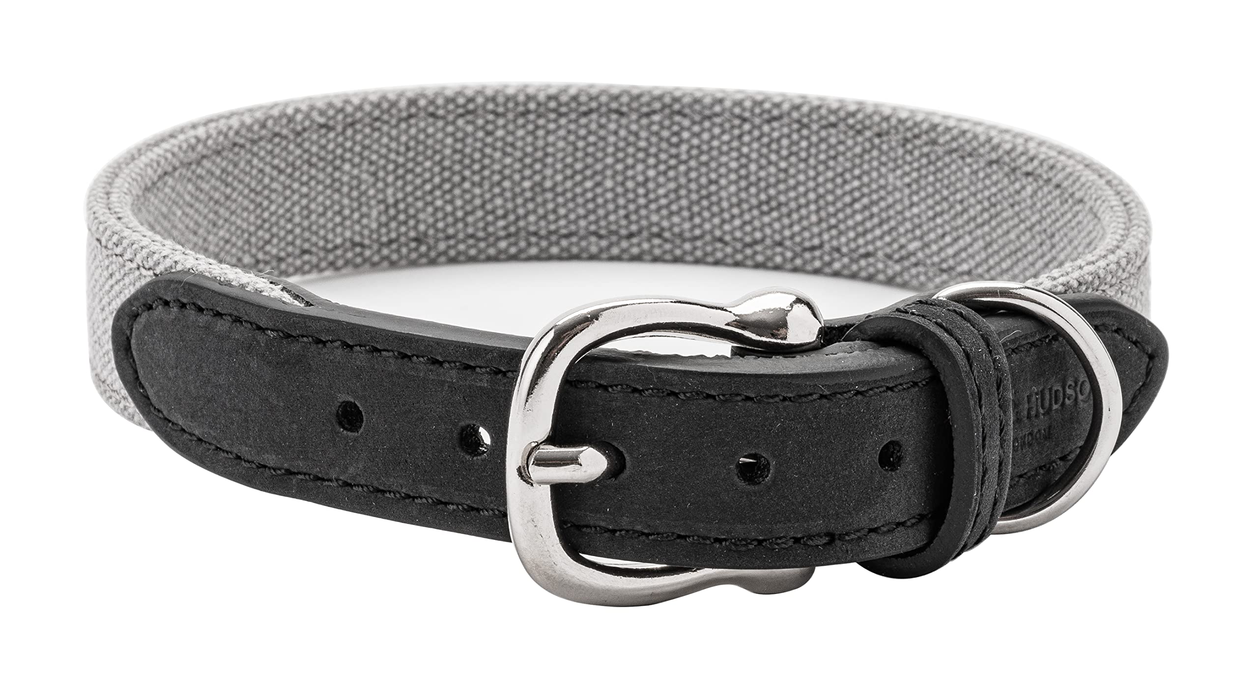 HUGO & HUDSON Luxury Dog Collar Denim and Leather with Adjustable Metal Buckle, Grey & Black 30cm