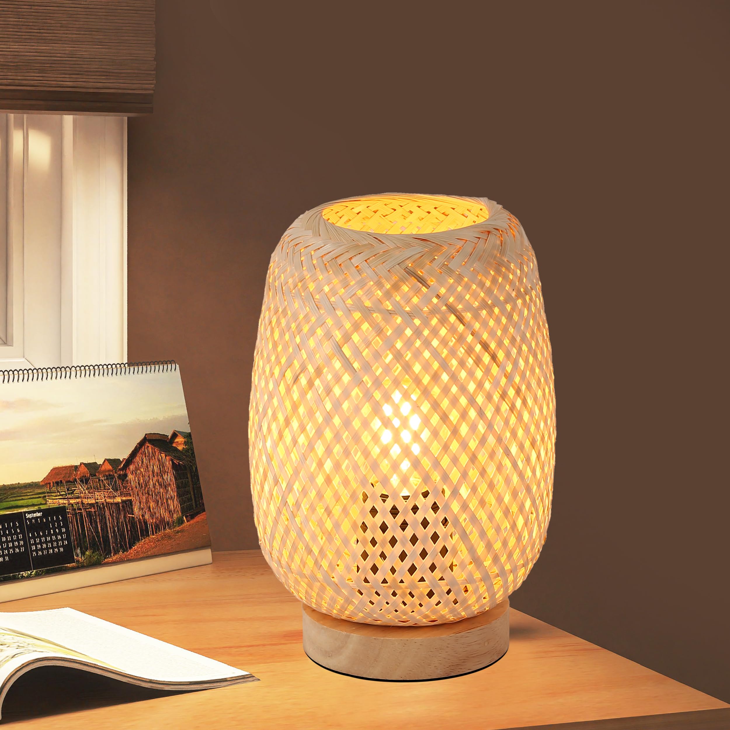 SUNLLOK Bedside Bmaboo Table Lamp with Wood Base, Vintage Rattan Cage Lampshade Small Nightstand Table Lamp with Swtich, Industrial Reading Desk Light Decor for Living Room, Kids Room, Ktichen Island