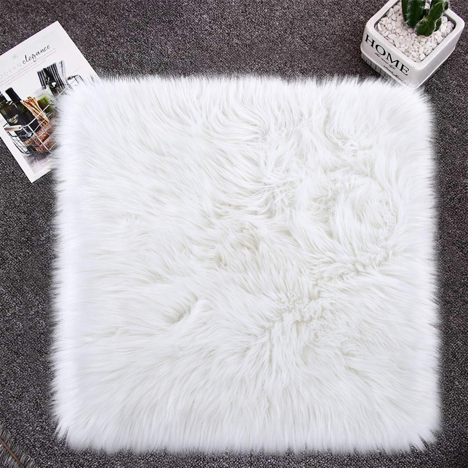 Noahas Faux Fur Sheepskin Silky Seat Cushion Home Decor Long Wool Area Rugs Carpet Soft Fluffy Plush Chair Seat Pads Universal Fit for Home Office Restaurant Chair, 1.6ft x 1.6ft, White: Home & Kitchen