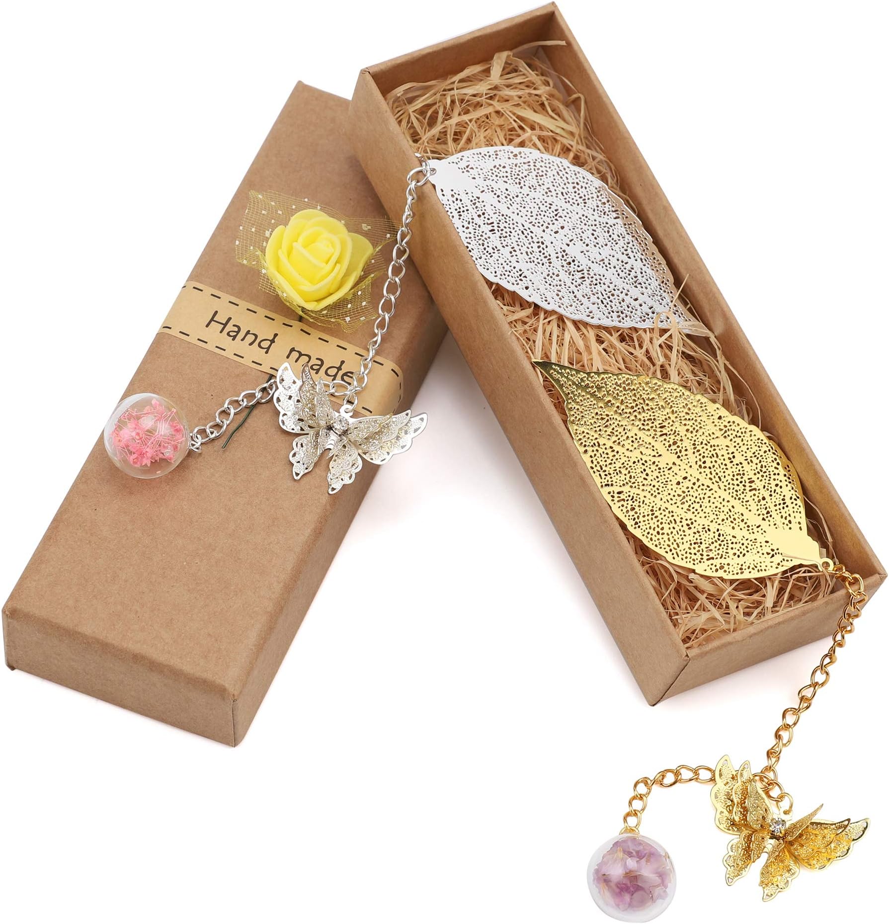 2 Pack Bookmarks Metal, Leaf Bookmarks with Pendant, Gifts for Adults and Kids,Perfect Kids Office School Reading and Gifts and Collections(Gold and Silver Leaf)