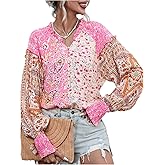 WDIRARA Women's Boho Floral Print Smocked Long Lantern Sleeve Blouse Frill Trim V Neck Tops Shirts