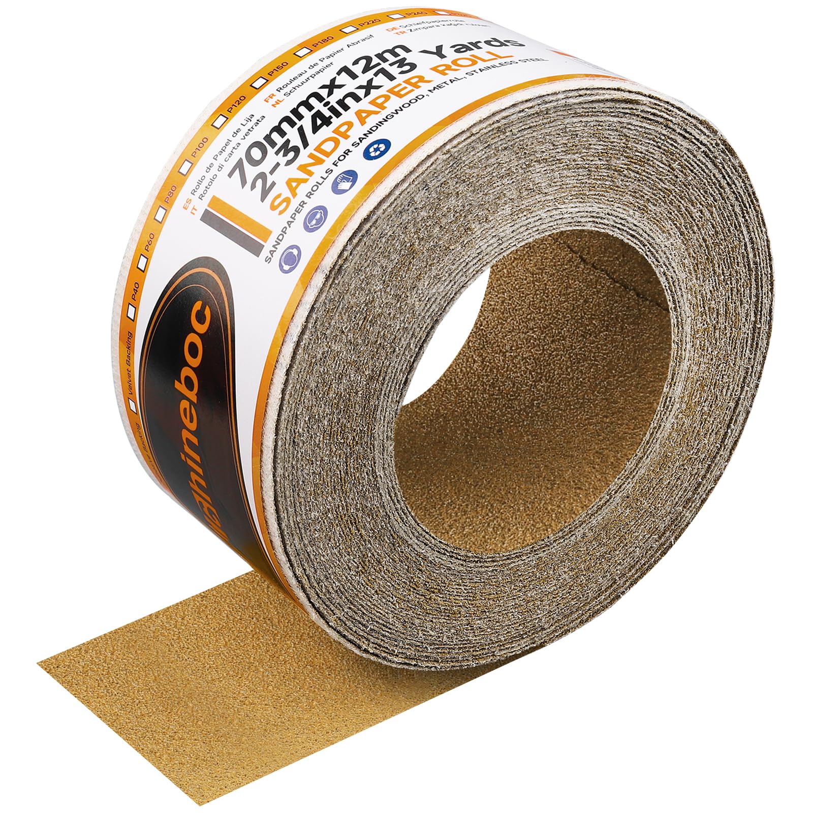 Shineboc 12m x 70mm Hook and Loop Sandpaper Roll, Aluminium Oxide Abrasive Sanding Paper for Sanding, Polishing and Rust Removal, 60 Grit