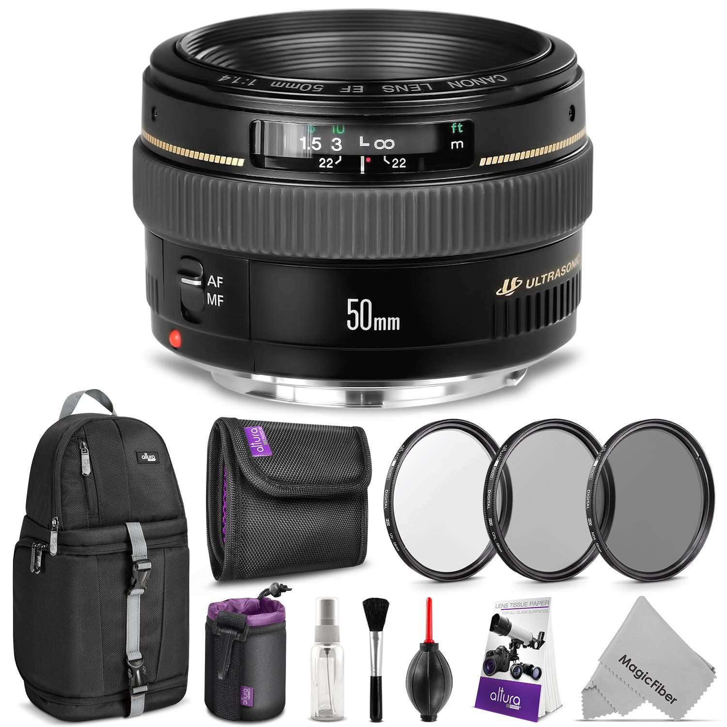 Canon EF 50mm f/1.4 USM Standard Telephoto Lens w/Advanced Photo and Travel Bundle - Includes: Altura Photo Sling Backpack, UV-CPL-ND4, Neoprene Lens Pouch, Camera Cleaning Set
