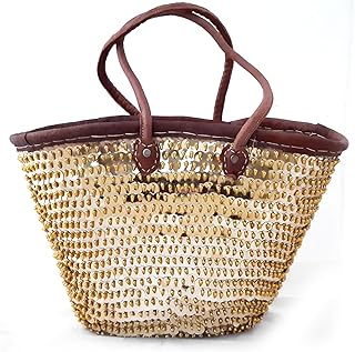 Marokkanische Korbtasche | Gold | 35cm x 45cm | Korb aus Palmblättern geflochten mit Lederhenkeln