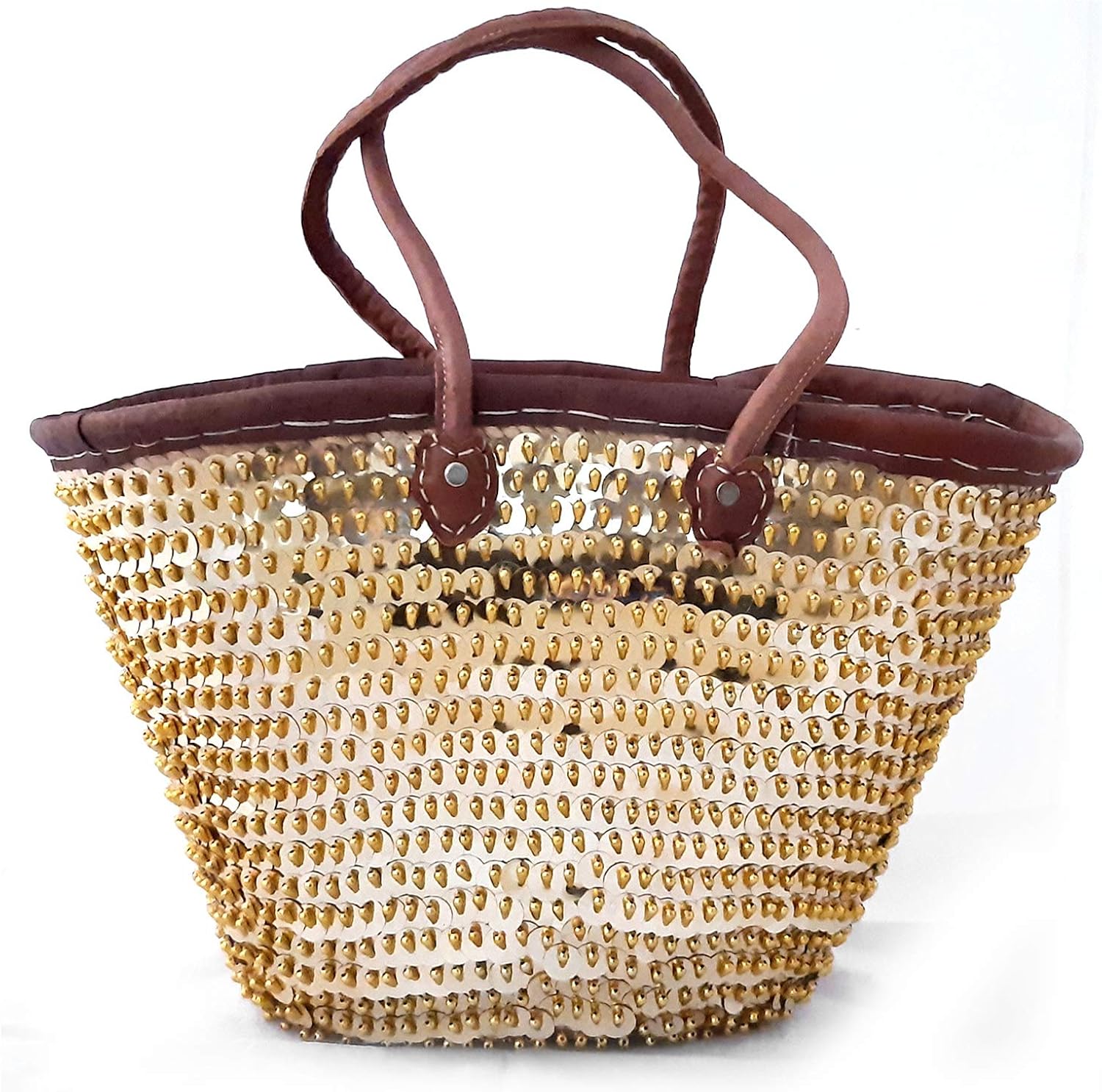 Marokkanische Korbtasche | Gold | 35cm x 45cm | Korb aus Palmblättern geflochten mit Lederhenkeln