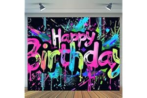 HOMETITUTE Neon Happy Birthday Banner - 71x43 Photography Backdrops, Party Background Decorations, Colorful Graffiti Splash Paint Kids Birthday Supplies, Glow in The Dark