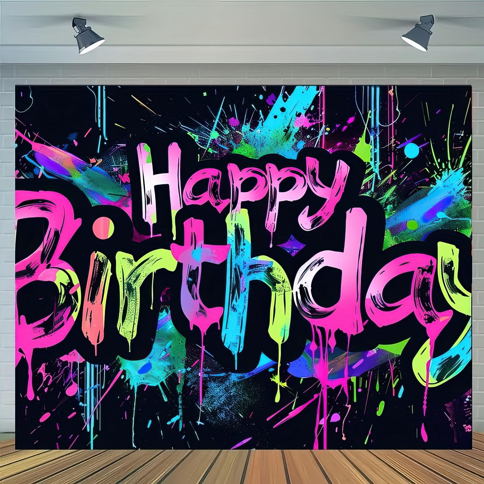 Photo 1 of Neon Happy Birthday Banner - 71x43 Photography Backdrops, Party Background Decorations, Colorful Graffiti Splash Paint Kids Birthday Supplies, Glow in The Dark