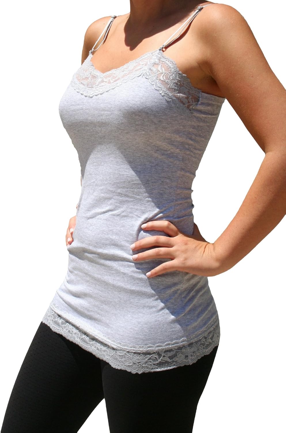 Zenana 2 Pack Women's Lace Trim Cami Tank Tops (Small, Blk & H.Grey) at
