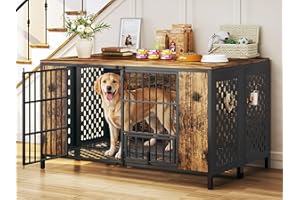 HUAHUU Dog Kennel Large Dogs Furniture with Hook, Heavy Duty Dog Crate Indoor for Extra Large Dogs, Escape-Proof and Chew-Proof Dog Cage for high Anxiety Dog, Rustic Brown Cage as TV Stand