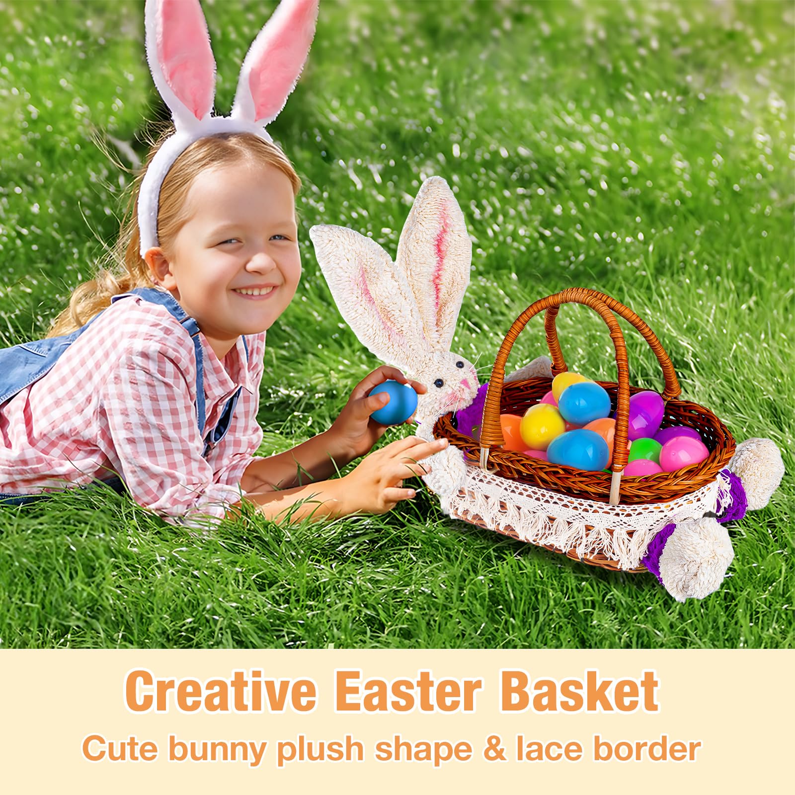 Exun Wicker Easter Basket with Stuffed Bunny Plush and Handle for Kids Girls Boys Toddlers - Brown Hand Woven Willow Basket for Egg Hunt Rabbit Eggs Gift Bags Portable Party Candy Storage Decoration
