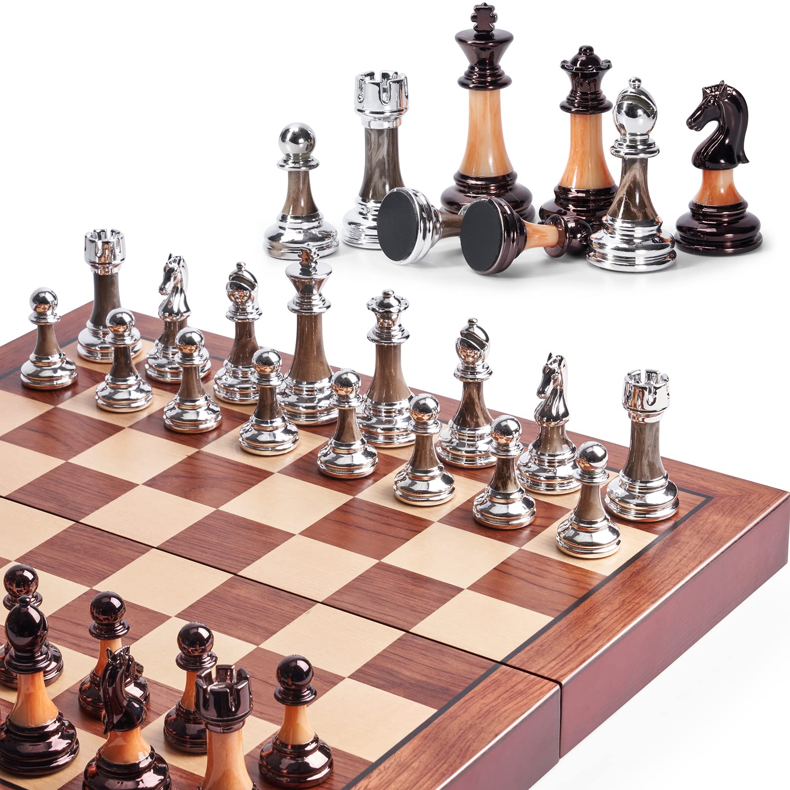Photo 1 of VAMSLOVE Chess Set Large 16''/42cm Folding Wooden Board with Deluxe Weighted Acrylic Chess Pieces - 3.5" King with Storage Slots for Adults House Warming Retirement Gift