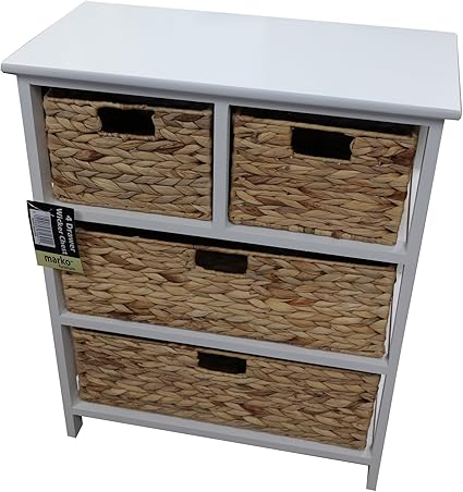 4 Drawer Low Wicker Chest With White Wooden Frame Household