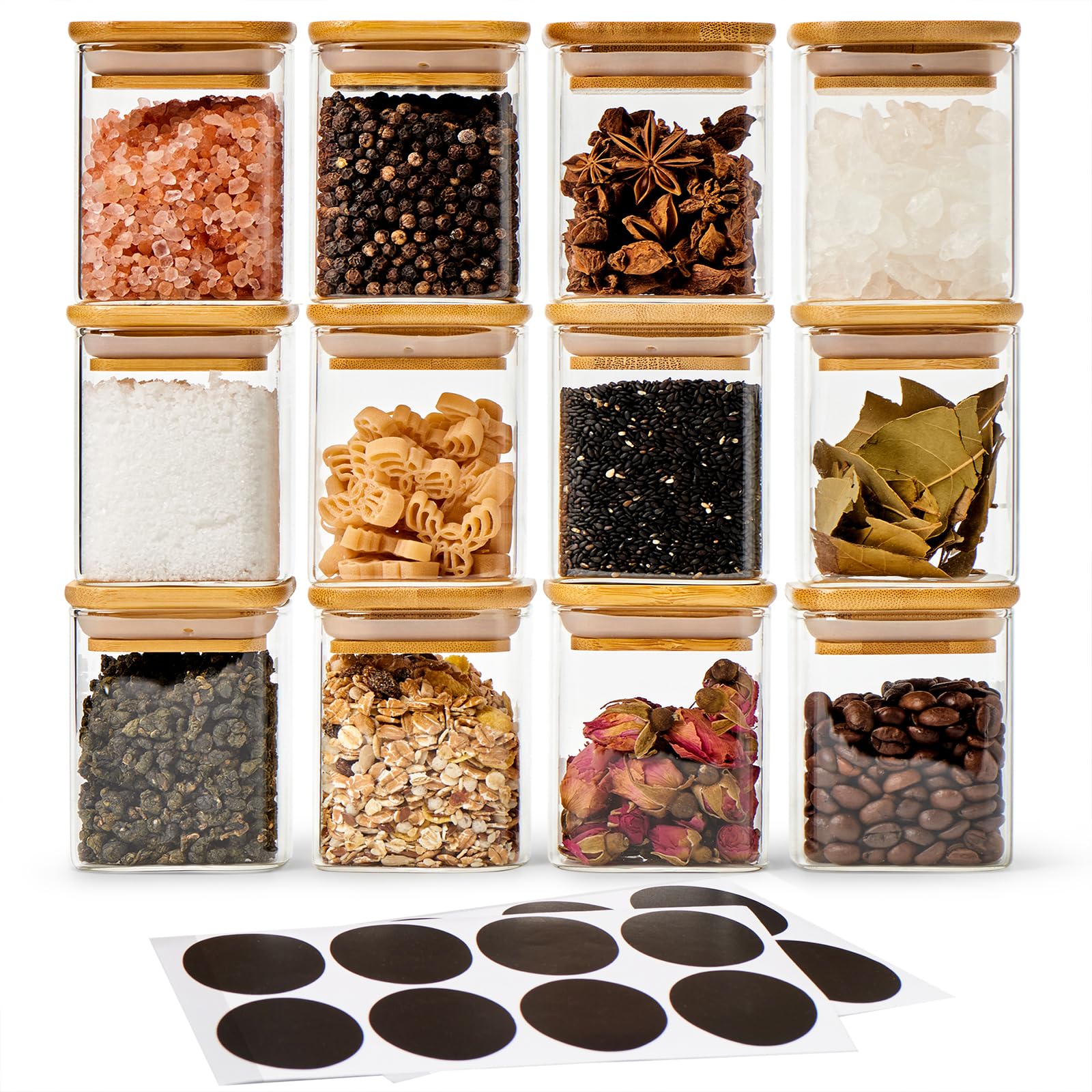 Photo 1 of EZOWare 6oz Glass Jar Bottle, 12 Pc Square Air Tight Canister Storage Containers with Natural Bamboo Lids and Chalkboard Labels for Kitchen Spices, Bathroom, Home Decor, Party Favors