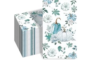 SMUAENSS 100 PCS Fall Paper Napkins, 3 Ply Watercolor Blue and White Pumpkin Napkin Autumn Disposable Table Hand Towel for Thanksgiving Home Party Supplies