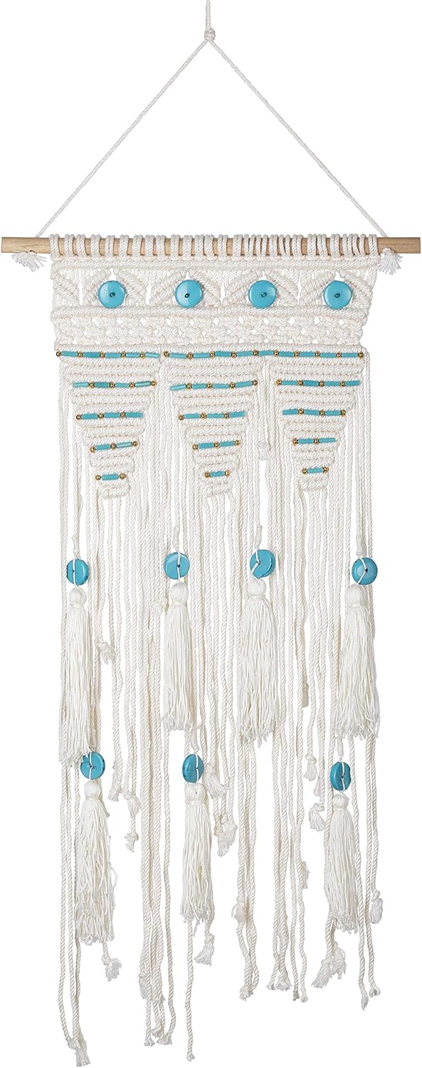 Macrame Wall Hanging or Aesthetic Room Decor for Teen Girls, Boho Macromay Woven Wall Hanging for Living Room, Dorm, Apartment Decoration, Home Décor or Office, Aqua Beads, 14-inch by 32-inch