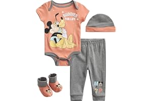 Disney Baby Boys' 3 or 4 Piece Layette Set - Bodysuit, Pants, Hat, Booties - Mickey Mouse, Toy Story, Pooh (0-9M)