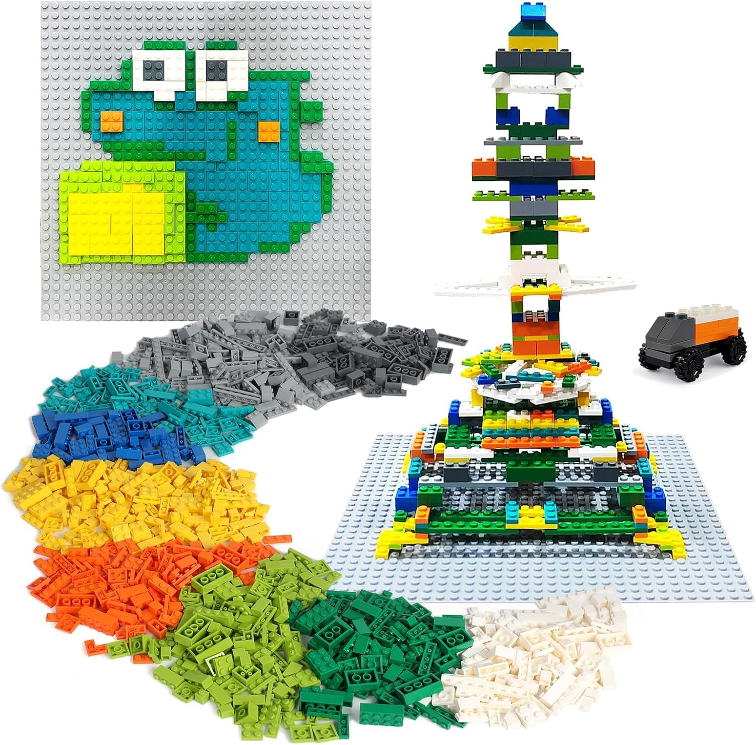 ekuzi 1200 pcs Bulding Bricks Set for Kids, Compatible with Major Brands Classic, Includes Dual-Sided and Single-Sided Baseplates, Variety of Accessories to Spark Imagination (boy)