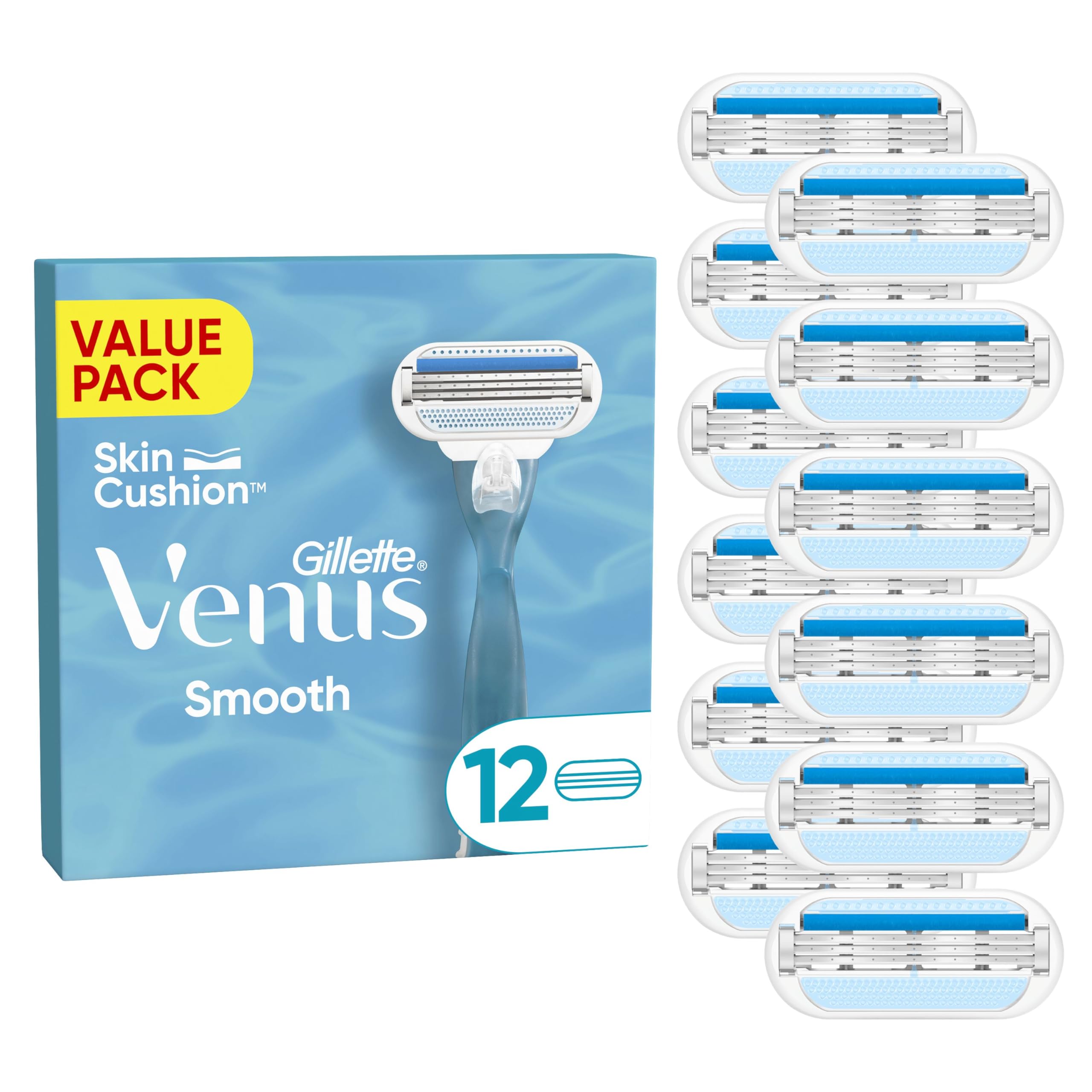 Gillette Venus Smooth Women's Razor Blade Refills, Pack of 12, 3 curve-hugging blades surrounded by protective cushions