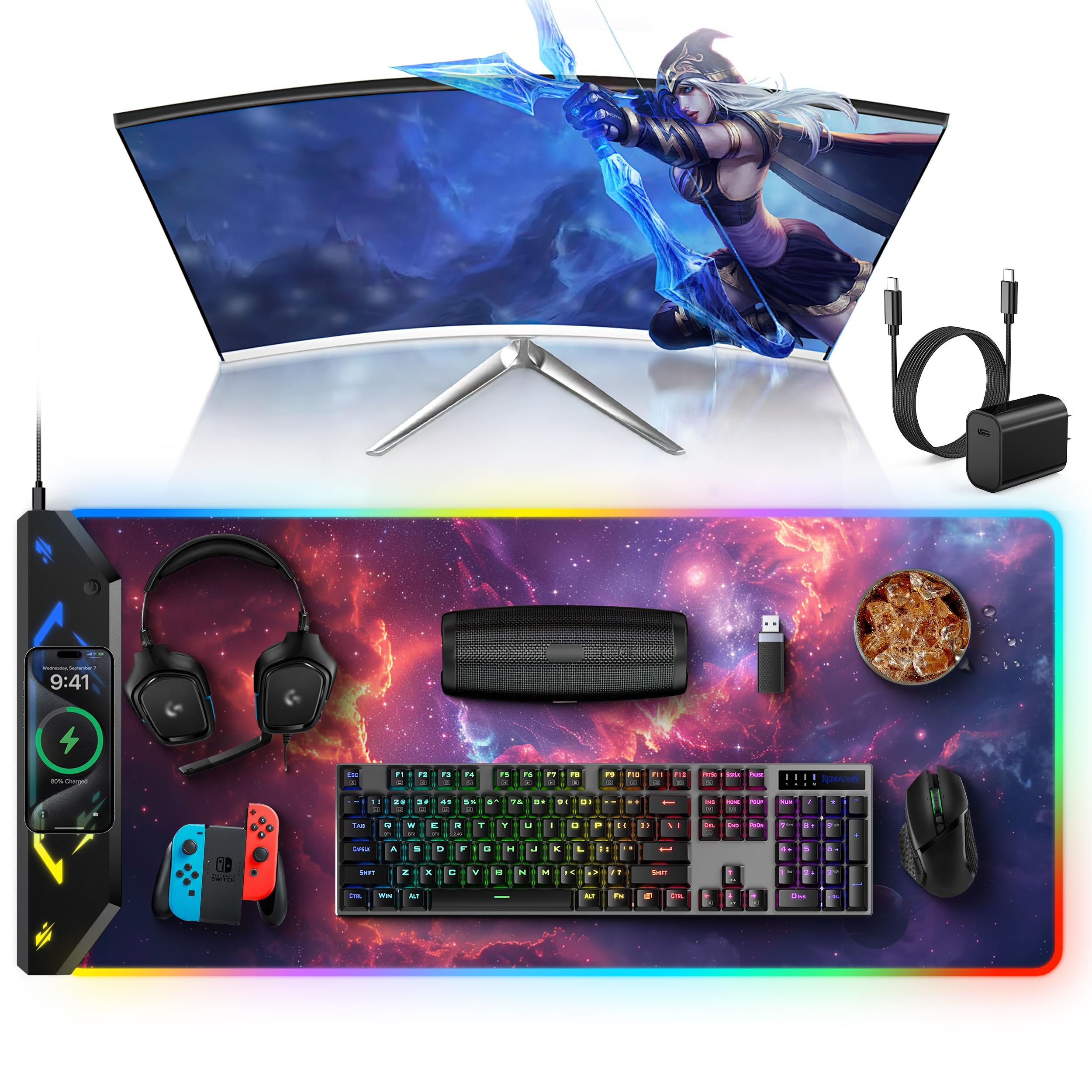 Photo 1 of TopMade Wireless Charging Mouse Pad, RGB Gaming Mousepad, 35.4" x 15.8" Extra Large Waterproof Keyboard Desk Pad, Computer Desk Mat, Red Nebula (Includes 20W PD Power Adapter & 6.56ft Woven Cable)