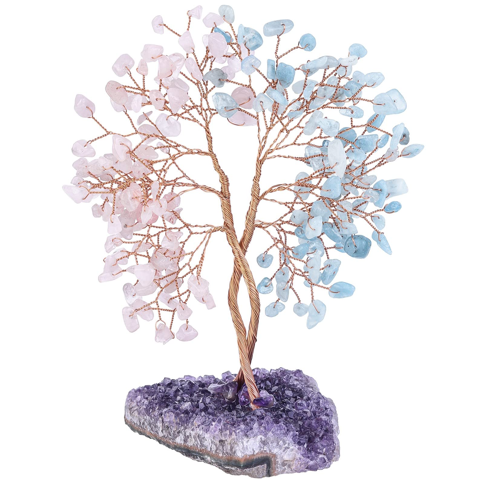 KYEYGWO Aquamarine & Rose Quartz Crystal Money Tree with Natural Amethyst Cluster Base, Fengshui Bonsai Tree Decoration Stone Lucky Gemstone Ornament for Home
