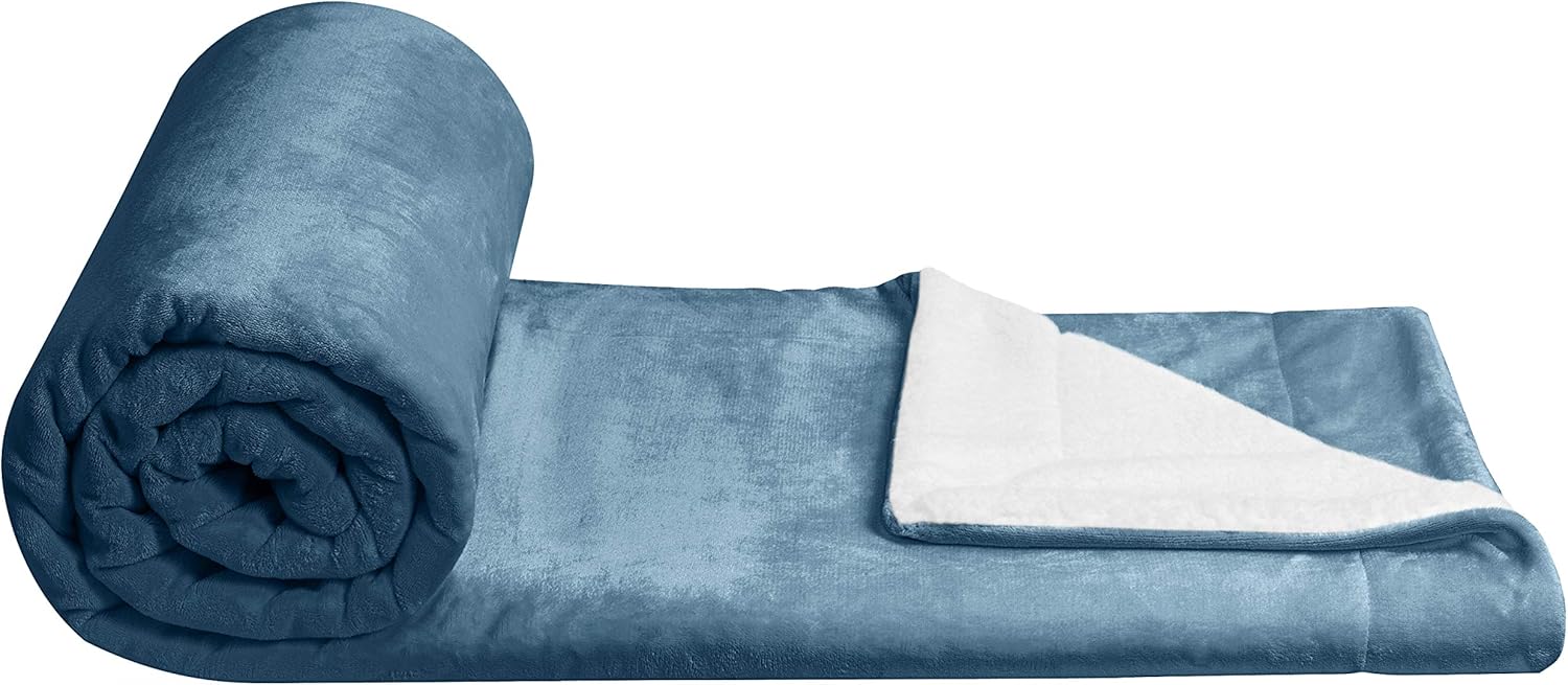 Basics Ultra-Soft Micromink Sherpa College Dorm Blanket - Throw, Mallard Blue: Home & Kitchen