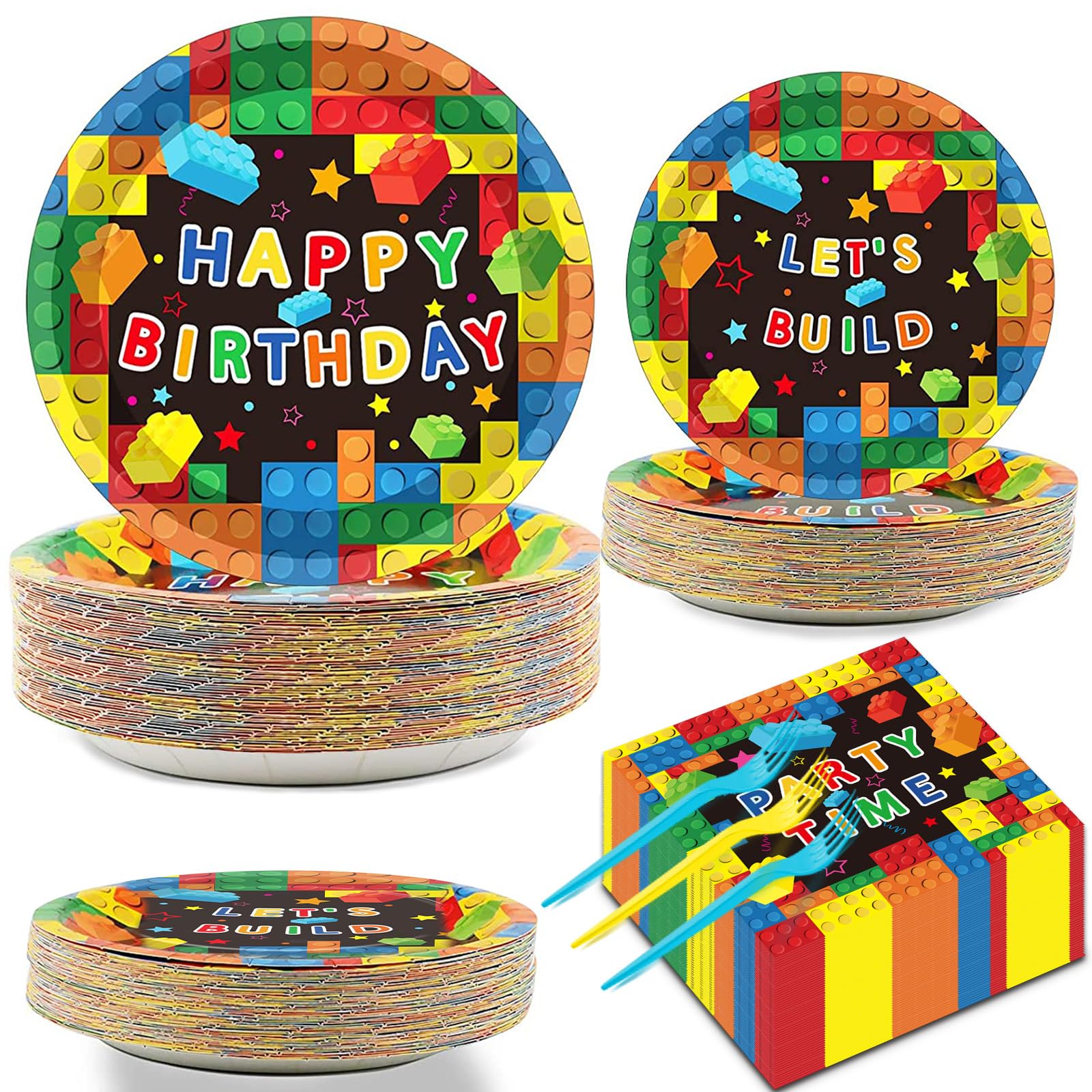 Photo 1 of 200 Pcs Building Blocks Birthday Party Supplies Paper Plates Napkins Colorful Blocks Party Birthday Decorations Favors for Kids Bricks Serves 50