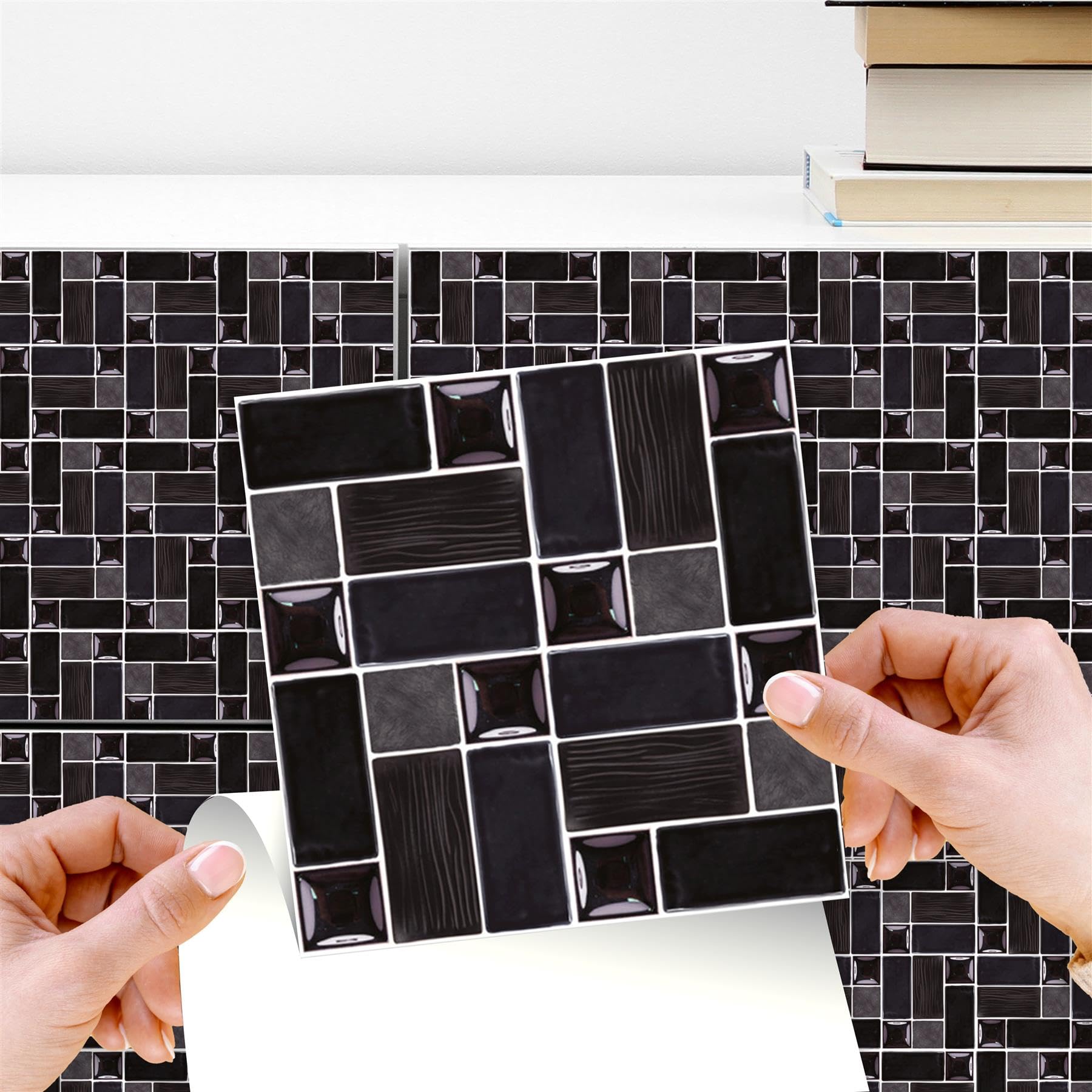 WALPLUS 120 pcs 15cm (6") Glossy Black Porcelain Mosaic Tile Stickers Peel and Stick Self-Adhesive Wall Tiles for Kitchen Bathroom Bedroom Backsplash DIY Vinyl Home Decoration