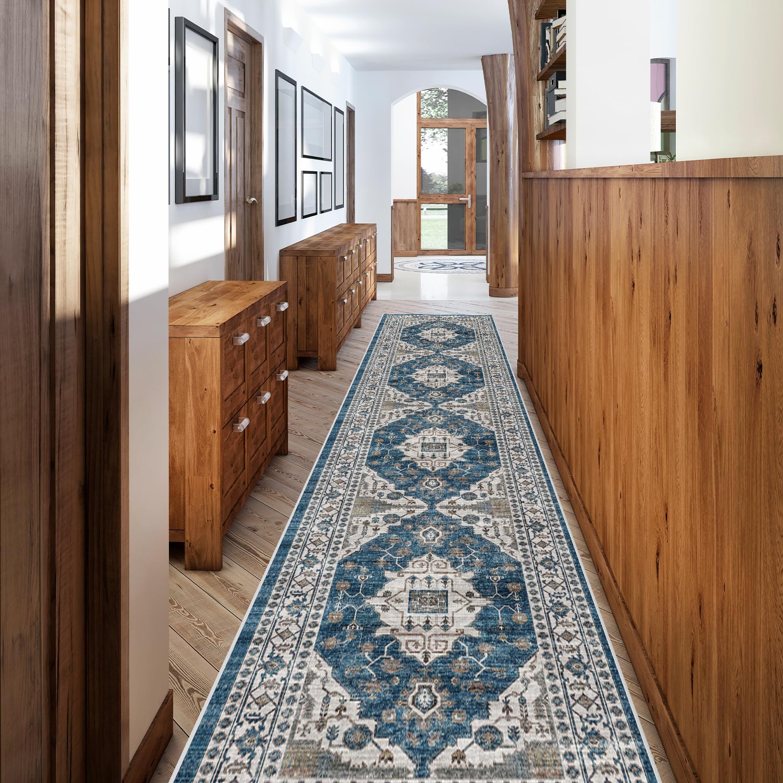 Hallway Washable Runner Rug - 2'6x12 Kitchen Rugs Entryway Rug Runner Vintage Soft Floor Mat Non Slip Indoor Farmhouse Carpet for Bathroom Living Room Bedroom (2'6''x12', Blue) Image