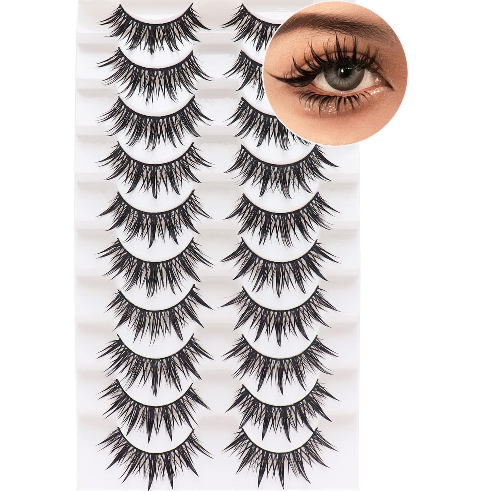 Photo 1 of Losha Eyelashes Wispy Wet Look Manga Lashes Natural Look 18mm Spiky Anime Fake Eyelashes 10 Pairs Handmade Faux Mink Lashes Pack (02)