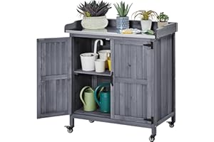 Yaheetech Garden Potting Bench Table, Outdoor Garden Horticultural Wooden Storage Cabinet & Solid Wood Planting Work Bench with Large Space Storage & Metal-Plated Tabletop, Gray