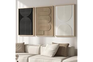Large 3D Textured Framed Boho Modern Neutral Abstract Wall Art for Living Room, 3 Piece Black White Brown Paintings Artwork f