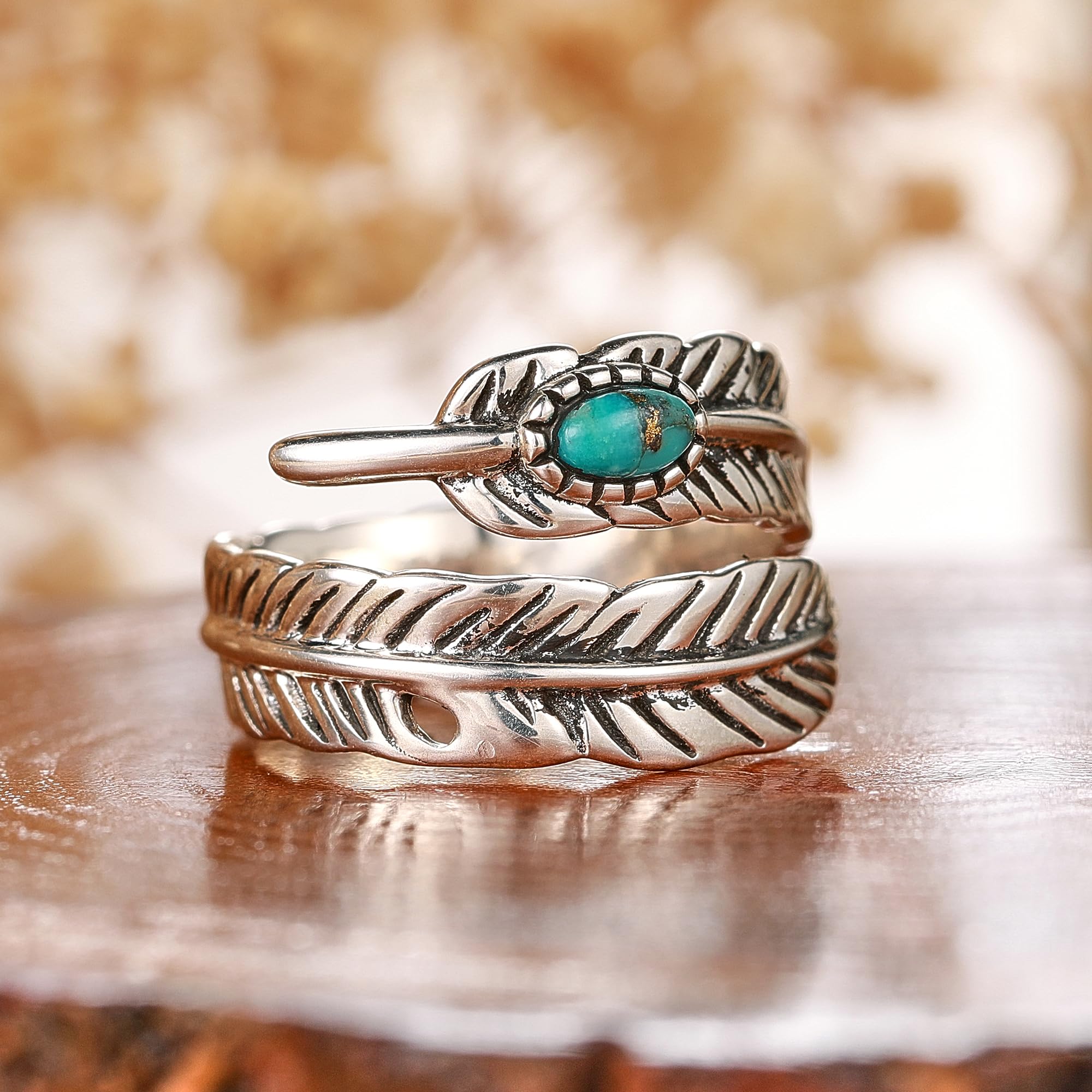 AVECON Sterling Silver Feather Ring with Black Onyx & Turquoise - Adjustable Stacking Vintage Statement Ring for Women & Men