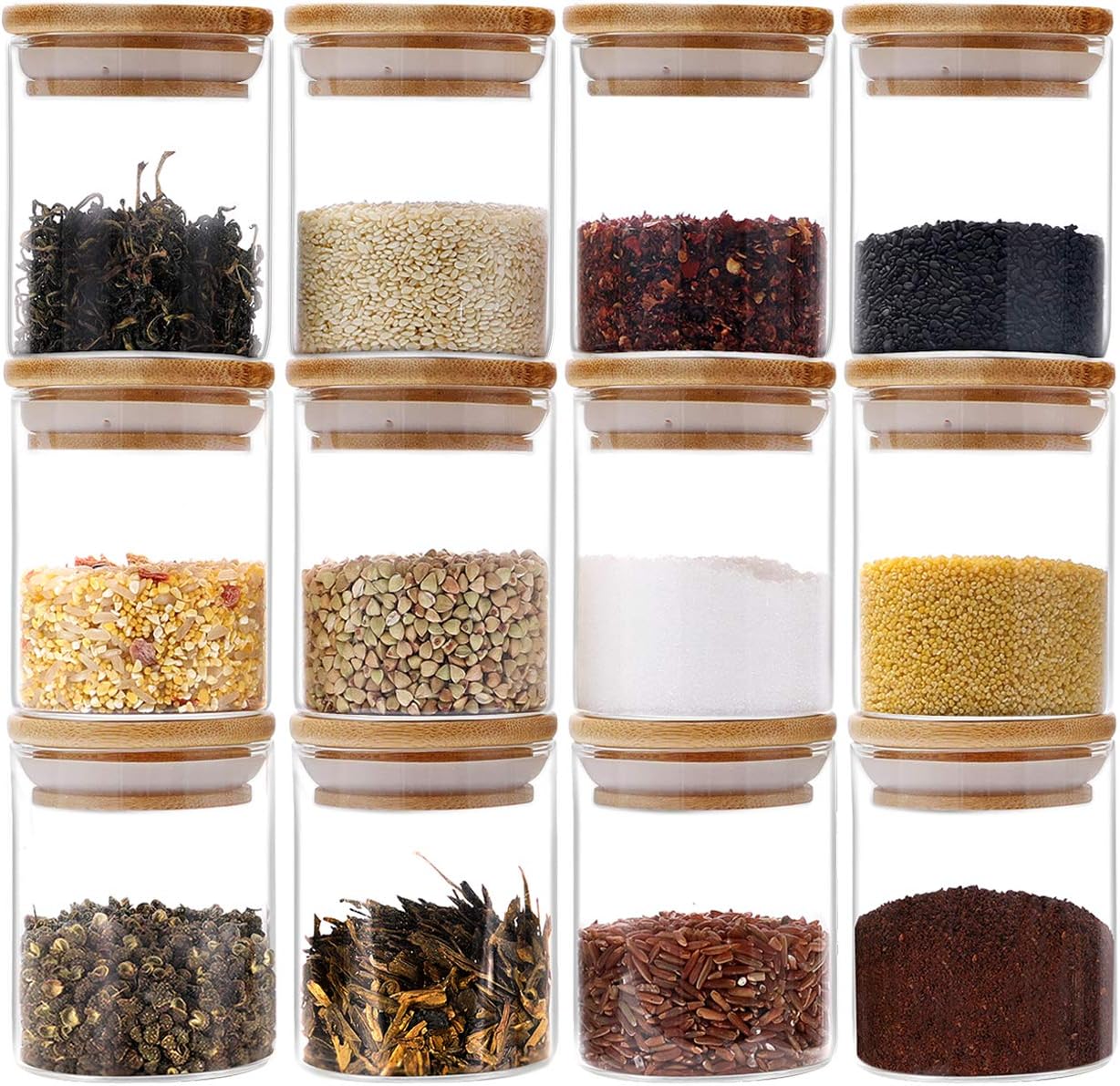 GoMaihe Vorratsdosen 12er Set, Vorratsdosen Glas Gewürzgläser Luftdicht Glasbehälter aus Glasdose Mit Deckel Set, Mepal Vorratsdosenset Glas Aufbewahrung Küche Tee Gewürzgläser 12 x 150ml