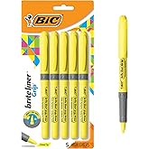 BIC Brite Liner Grip Highlighters, Chisel Tip, 5-Count Pack, Yellow | Comfortable Grip | Bright Yellow Ink for Organizing and Coloring | Smudge-Resistant, Long-Lasting Ink, ACMI Certified
