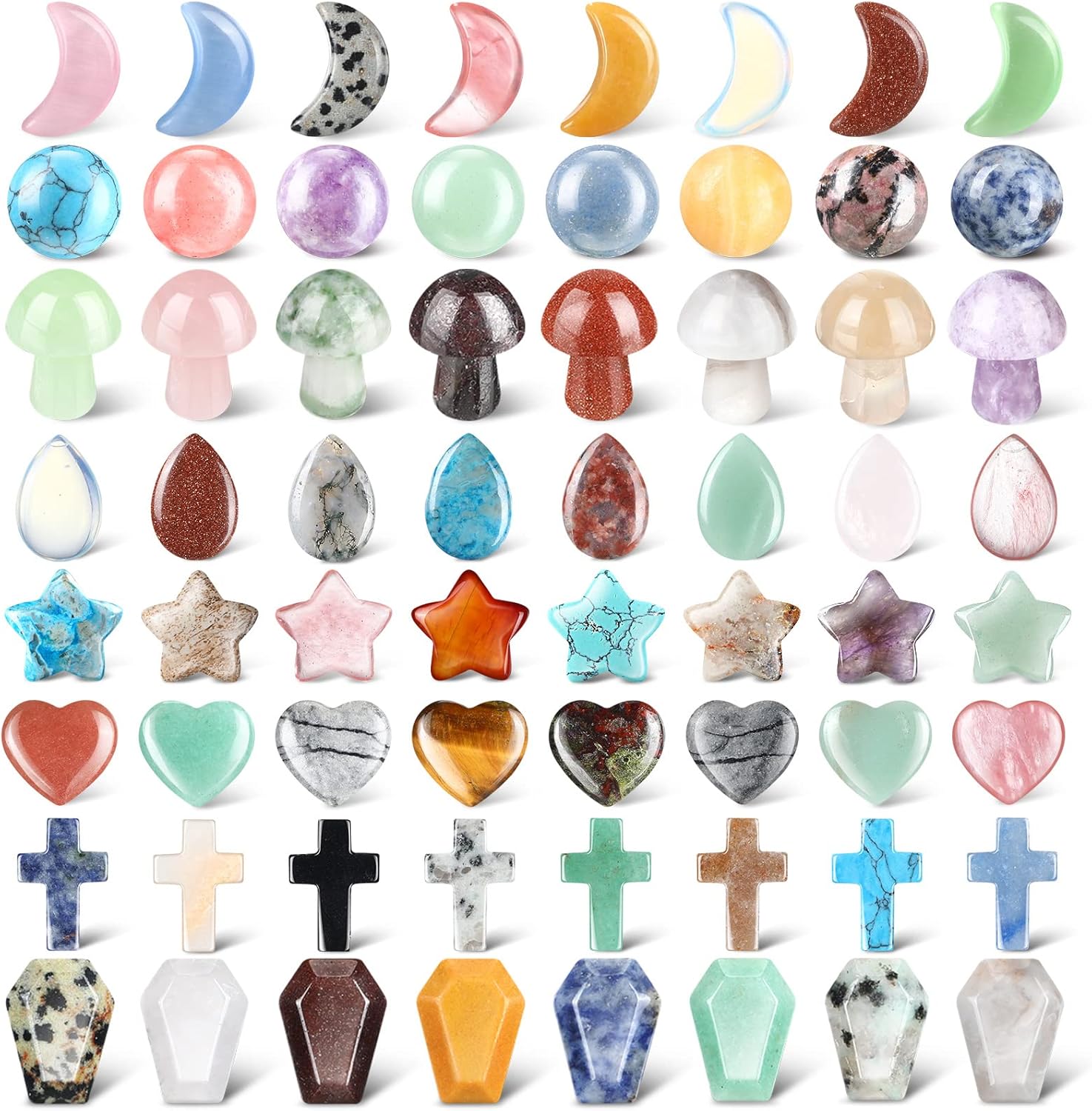 Indoor Fountains & Accessories - Nuenen 64 Pcs Crystals Worry Stones Bulk Healing Stones Crystals Cross Coffin Moon Star Gemstone Teardrop Palm Pocket Quartz Sphere Ball Stones Combination Bulk for Witchcraft Supplies