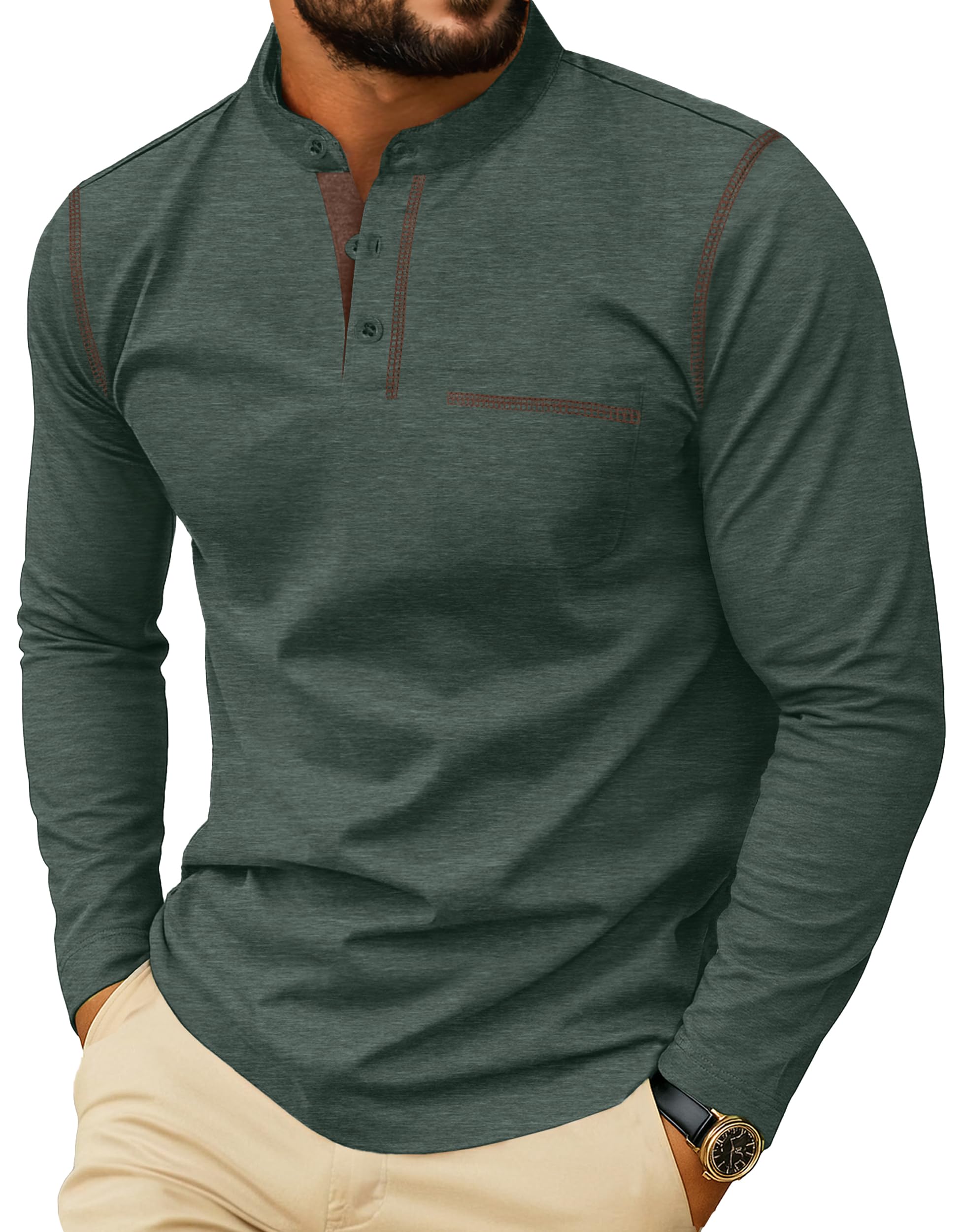 Photo 1 of Sailwind Men's Henley Shirts Long Sleeve Button T-Shirt Casual Stylish Cotton Pullover Shirt with Pocket Green, XL