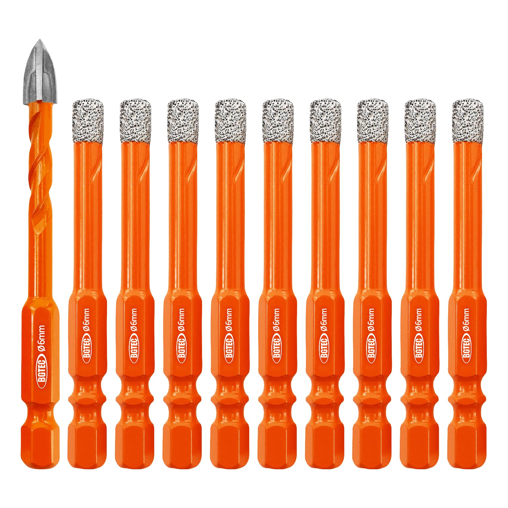 BGTEC Dry Diamond Drill Bits - 6mm*9 Masonry Drill Bits Set & 1pc 6mm Tungsten Carbide Tip Tile Drill Bit with Quick Change Hex Shank for Granite Marble Porcelain Tile Ceramic