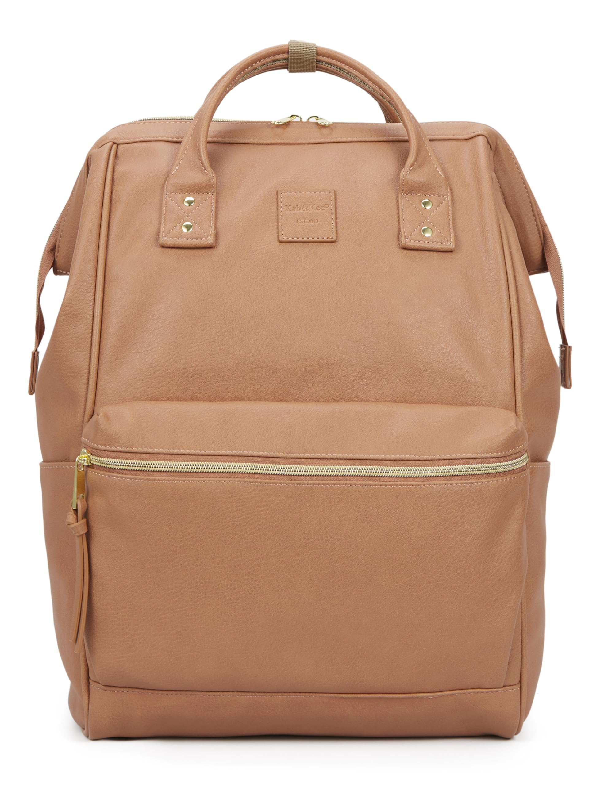 Kah&Kee Leather Laptop Backpack for Women, 14-15 Inch Professional Work Bag, Water-Resistant Vegan Leather Doctor Bag Backpack for Teacher, Nurse & Travel, Fits MacBook Pro 15 (Tan Pink,Medium)